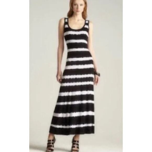 Calvin Klein Size 6 Black White Stretch Striped Tie Dye Maxi Dress Vacation Euro - Picture 1 of 12